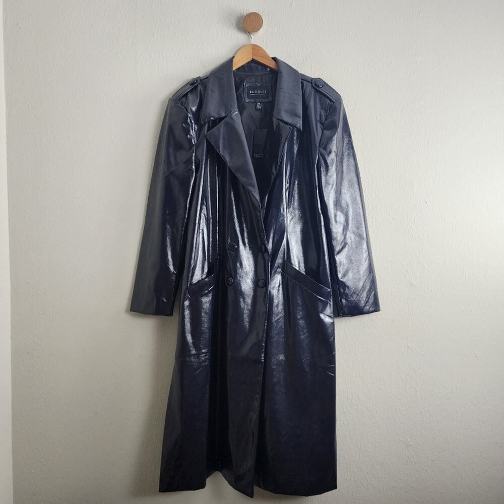 Eloquii Faux Leather Longline Double Breasted Trench Coat Black Plus 14/16